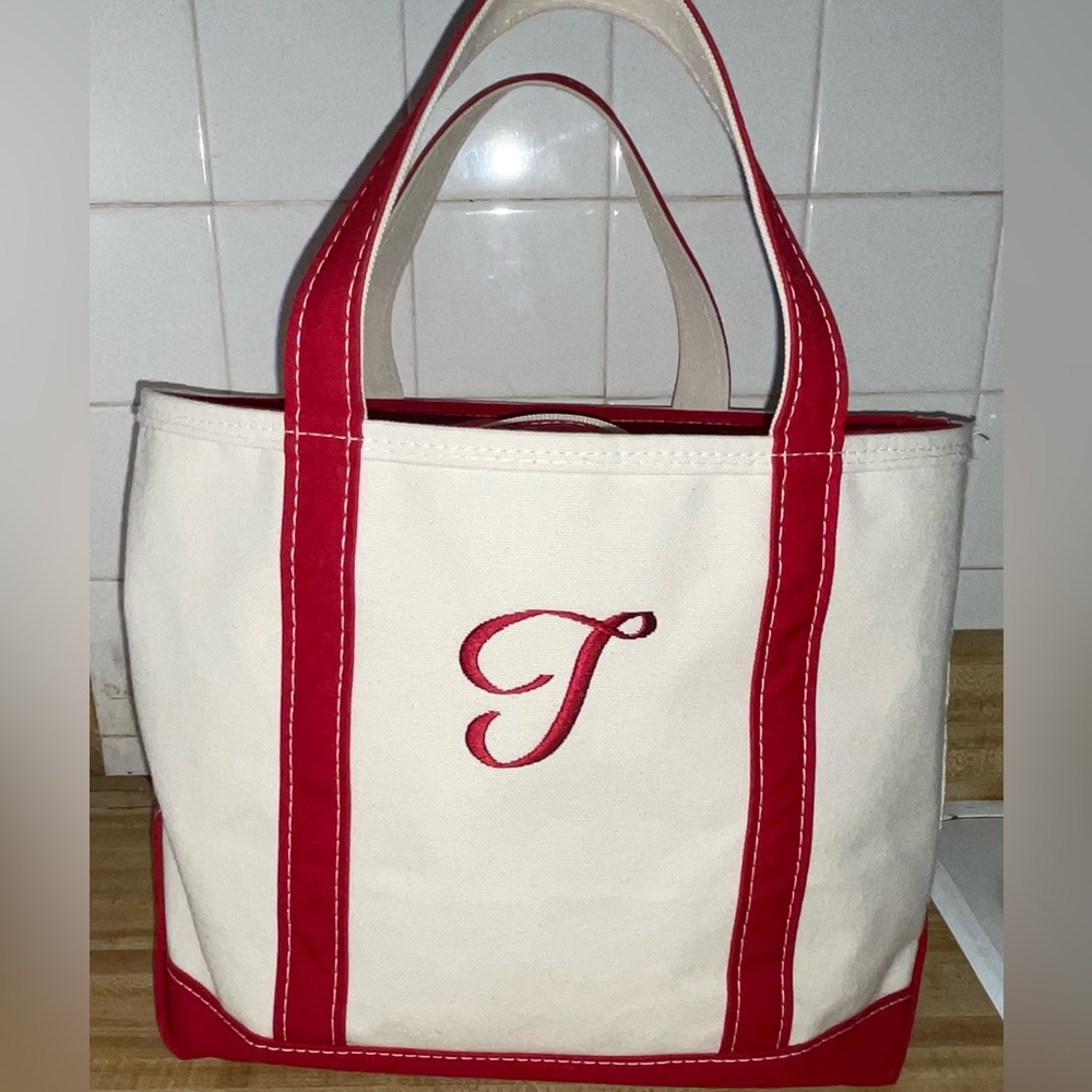 L.L. Bean initial T red trim canvas tote bag